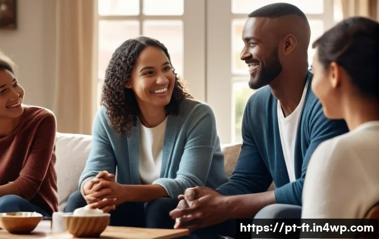 자아 한계 확장을 위한 긍정적인 대인 관계 유지하기 - A warm and inviting scene depicting a diverse group of four friends (two men, two women, aged 30s-40...