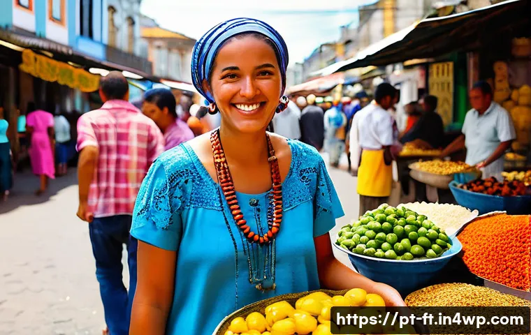 자아 한계 확장을 위한 다양한 문화 체험하기 - A bustling street market scene in Salvador, Bahia, Brazil. The market is alive with vibrant colors, ...