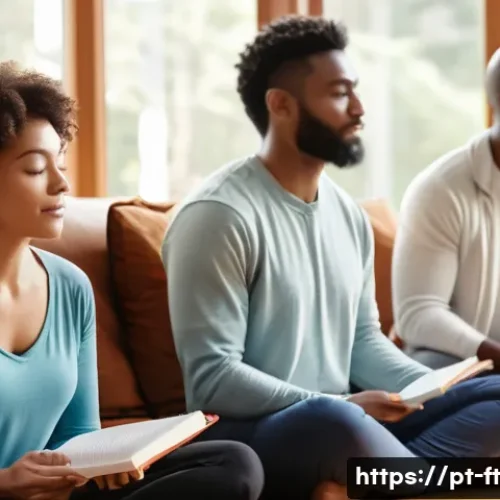 Home 32 자아 한계 확장을 위한 관련 사례 연구 분석 - A serene and inspiring scene of a diverse group of adults in a cozy, modern living room, engaged in ...