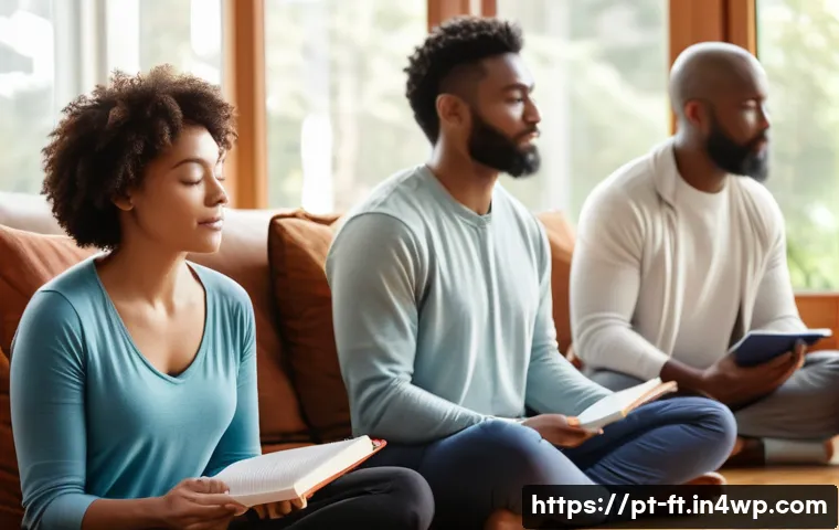 자아 한계 확장을 위한 관련 사례 연구 분석 - A serene and inspiring scene of a diverse group of adults in a cozy, modern living room, engaged in ...