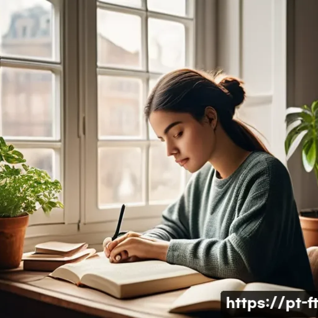 자아 한계 확장을 위한 새로운 가능성 탐구하기 - A serene scene of a young adult woman practicing creative writing at a cozy desk by a window, surrou...