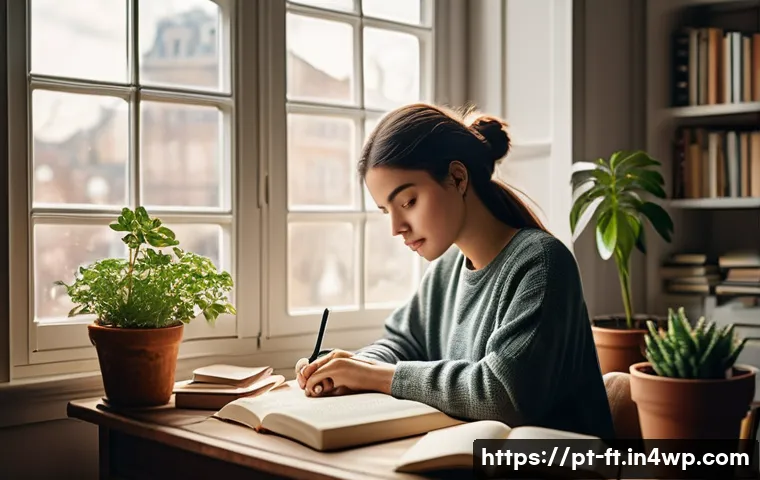 자아 한계 확장을 위한 새로운 가능성 탐구하기 - A serene scene of a young adult woman practicing creative writing at a cozy desk by a window, surrou...