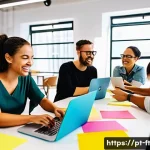 Home 18 자아 한계 확장을 위한 그룹 활동의 중요성 - A diverse group of adults engaged in a lively brainstorming session around a large table in a modern...