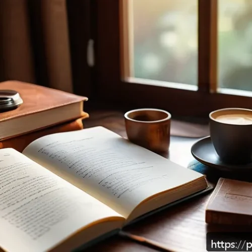 Home 30 자아 한계 확장을 위한 일지 작성법 - A cozy, sunlit home office with a person journaling in a beautifully crafted leather-bound diary, su...